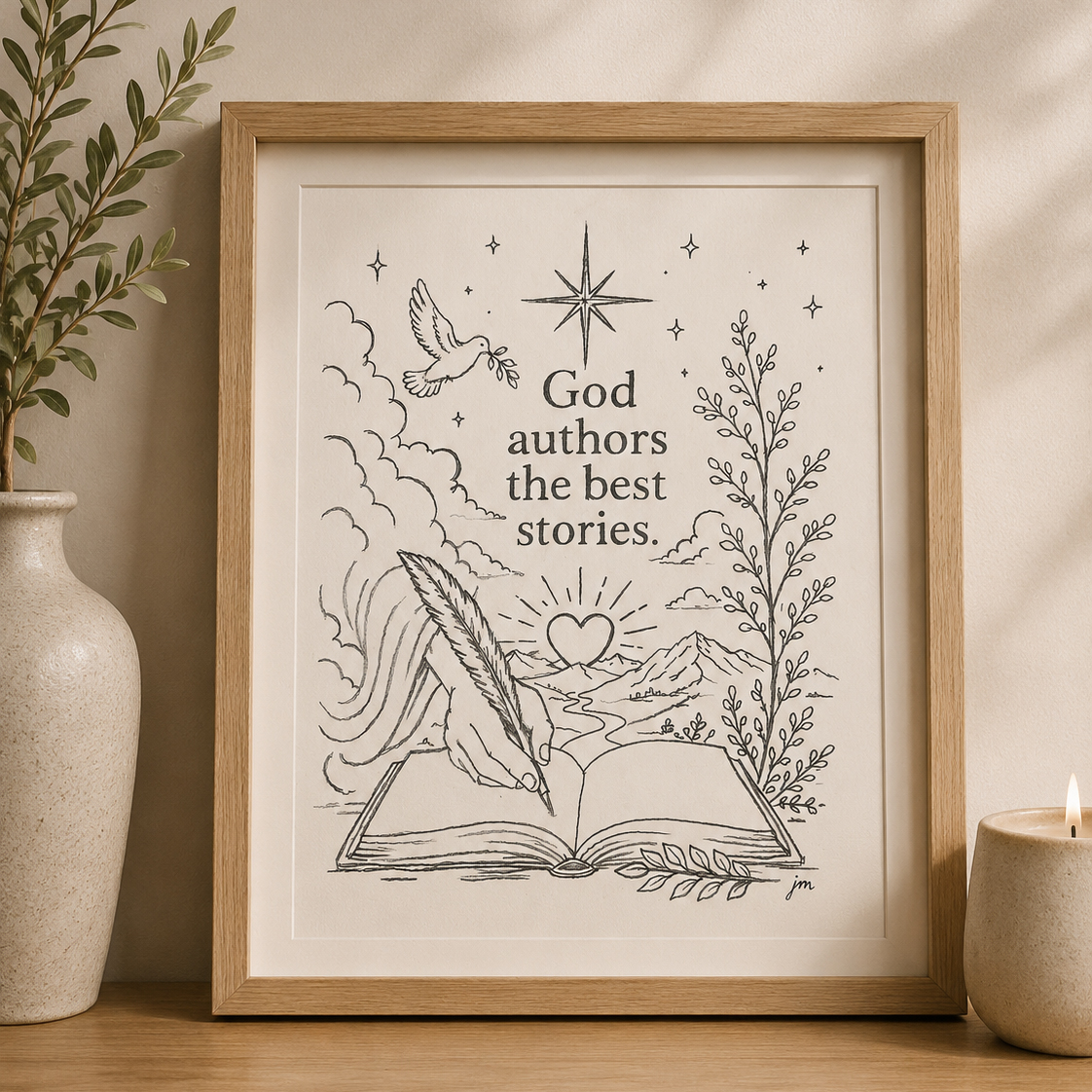 Pen drawing of an open book with a dove, star, and quill — God authors the best stories