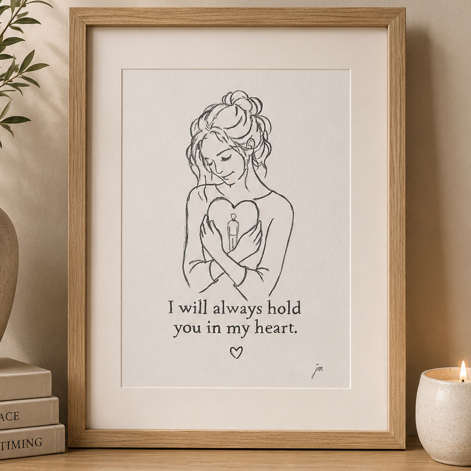 Pen drawing of a woman cradling a heart with a small figure inside — I will always hold you in my heart