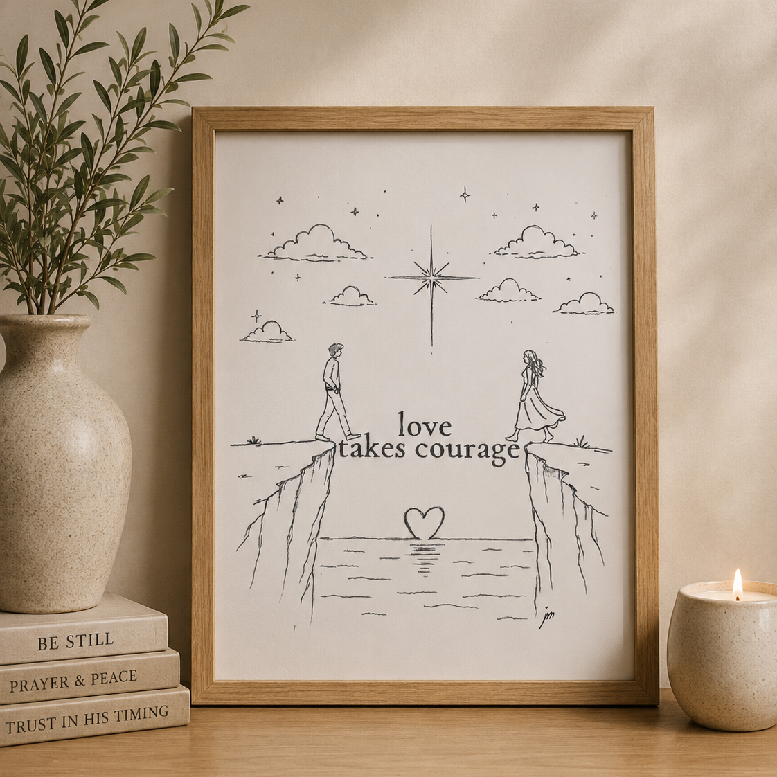 Pen drawing of two figures on opposite cliffs above a heart in the water — Love Takes Courage