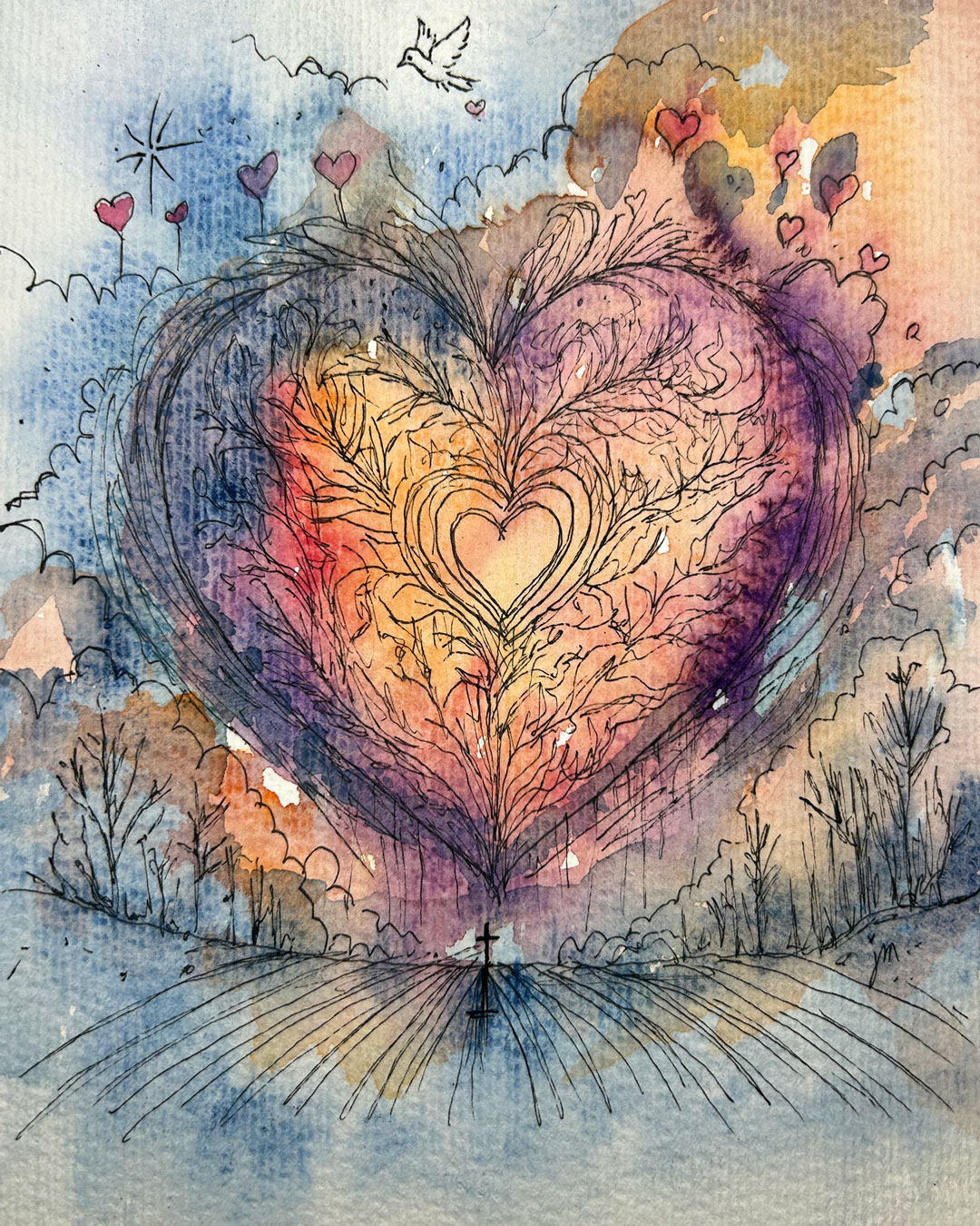 Still Held — watercolor heart formed by trees against a glowing dawn sky
