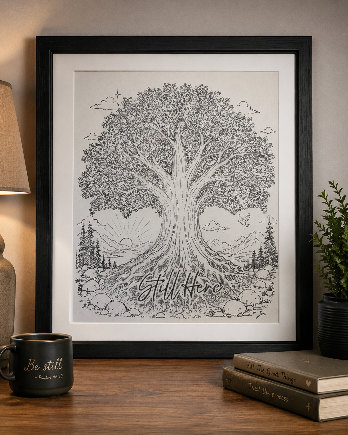 Pen drawing of a large oak tree at sunrise with the words ‘Still Here’ — Still Here oak tree print