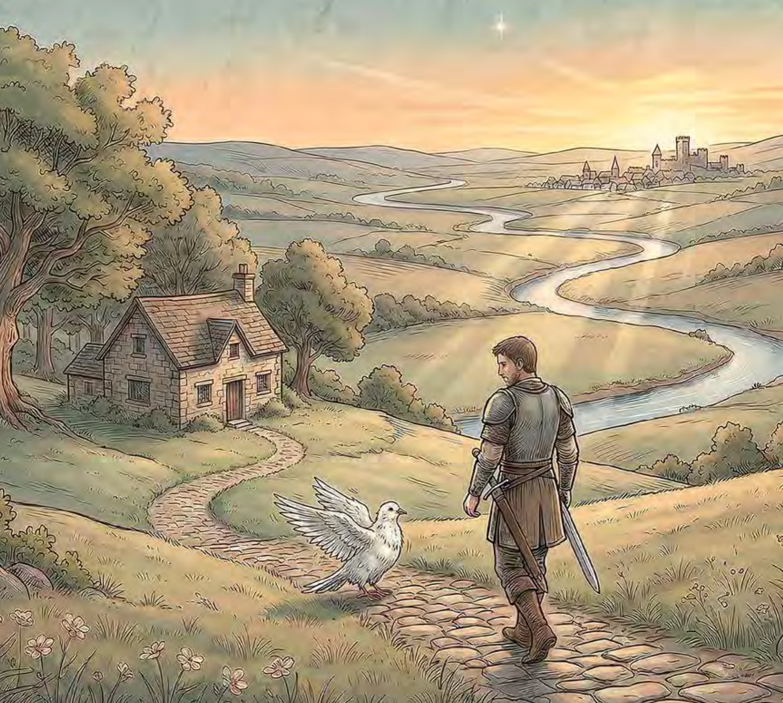 Interior illustration: the warrior walks beside the dove along a quiet path