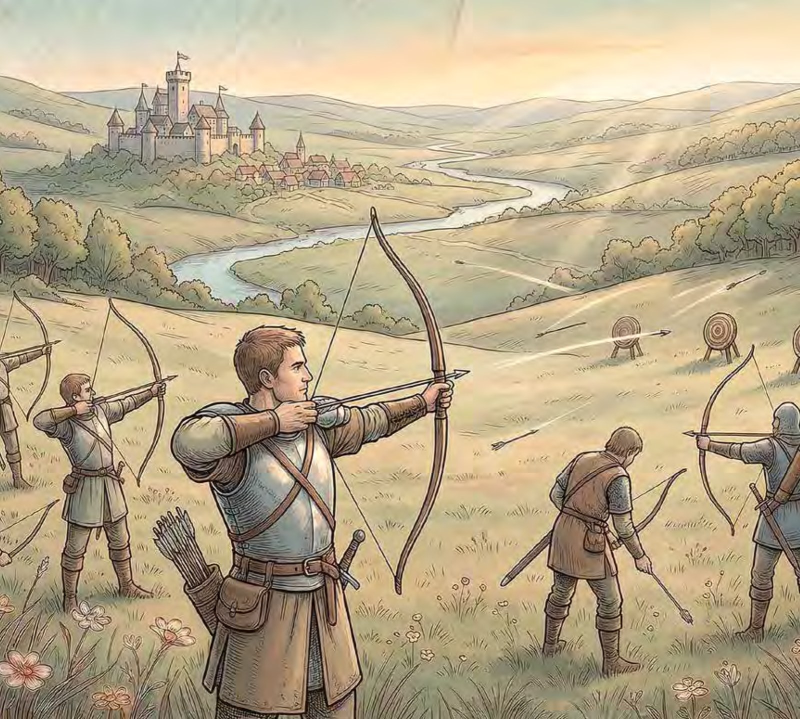 Interior illustration: the warrior draws his bow in a steady archery stance