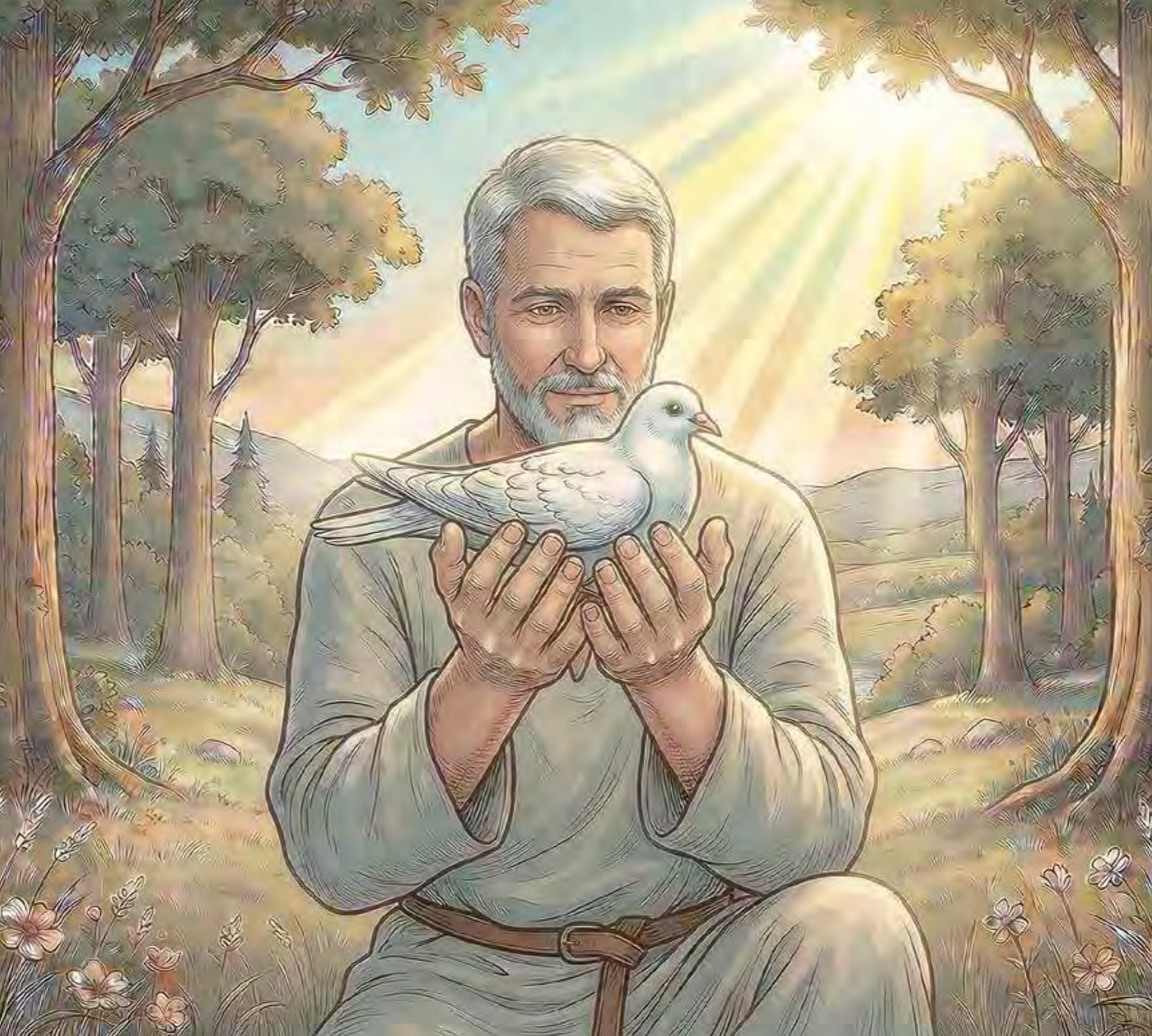 Interior illustration: the warrior holds the dove cupped in his open palms