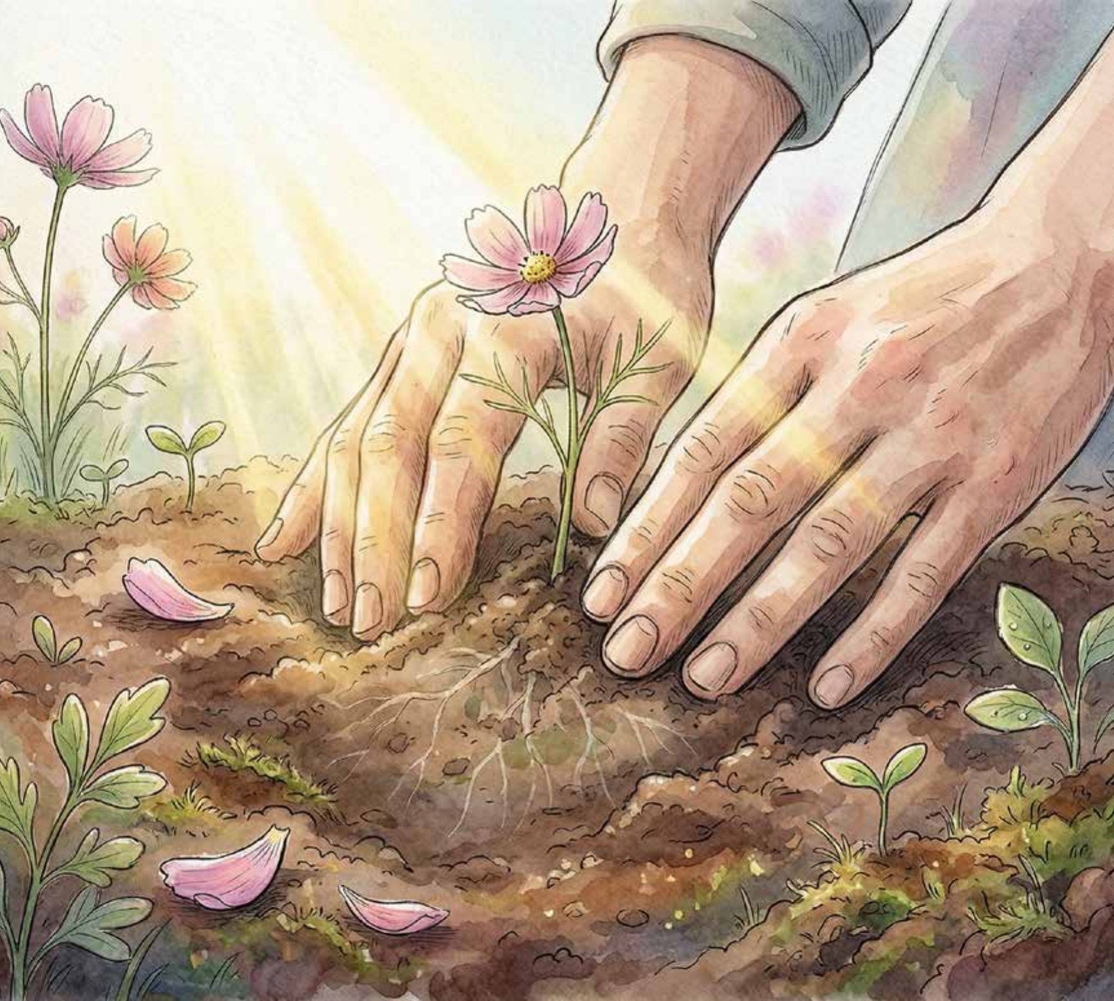 Interior illustration: a quiet moment of placing a seed into rich soil