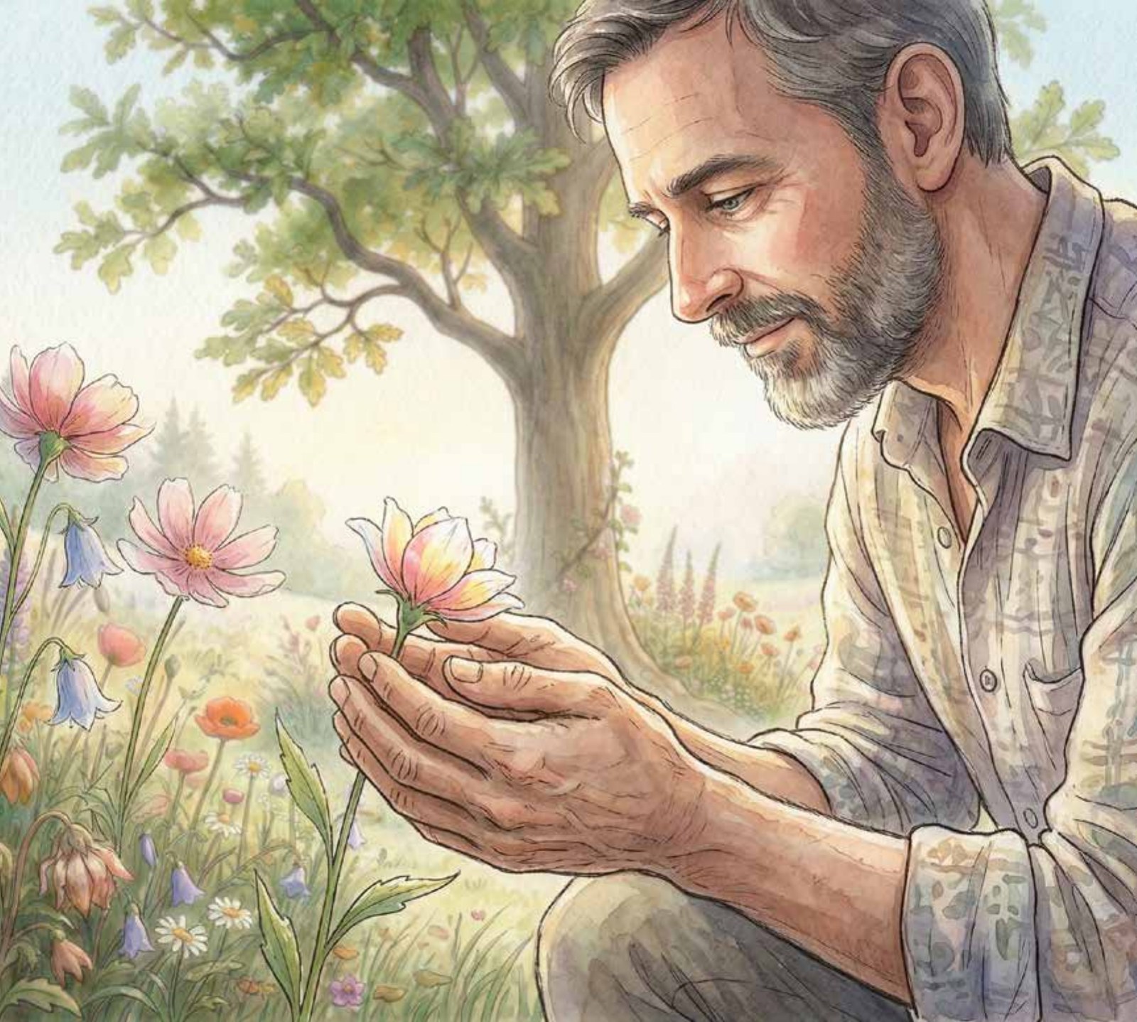 Interior illustration: gentle hands tending a young plant in the soft light of the garden
