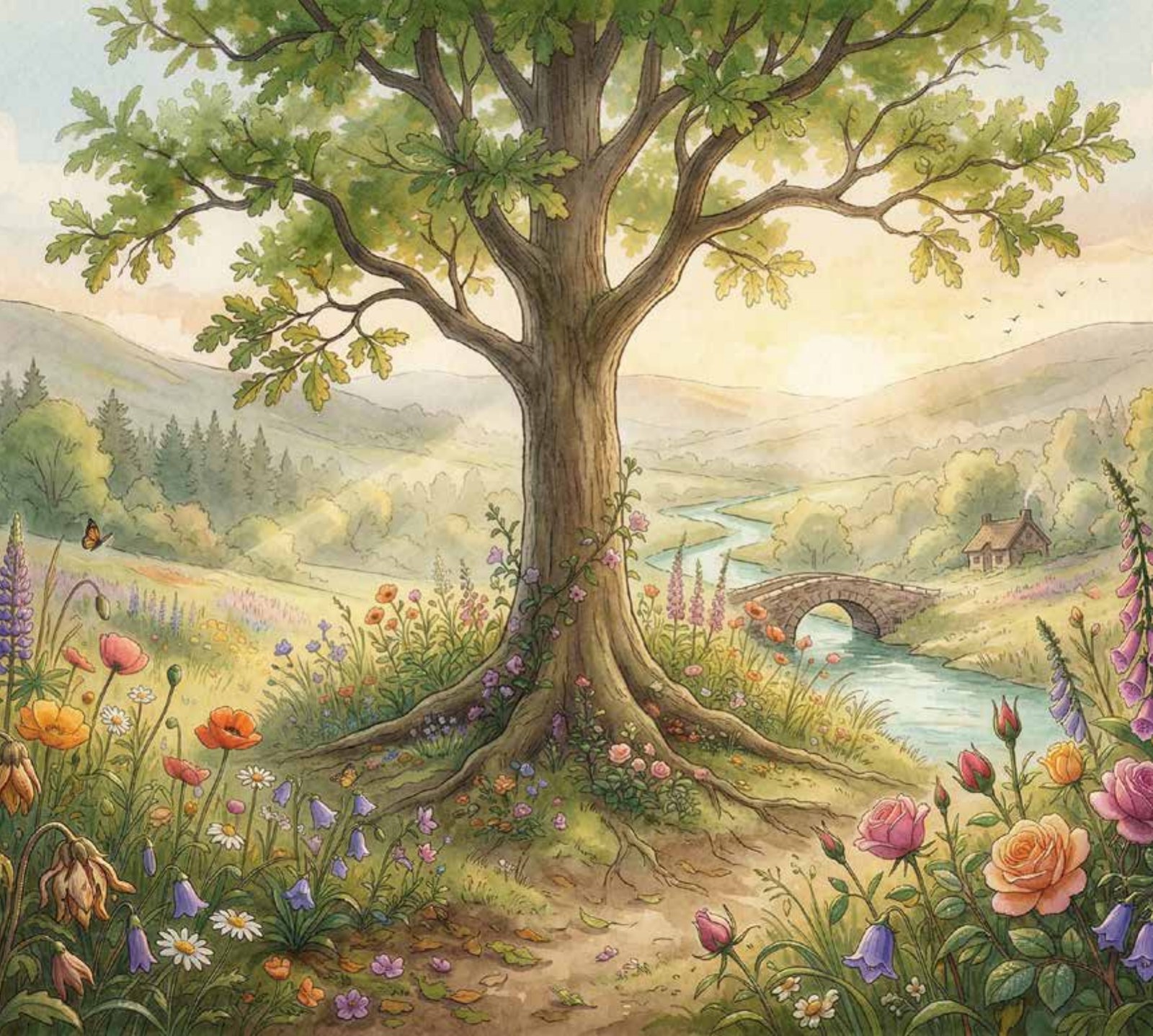 Interior illustration: a flourishing tree stands tall in a peaceful valley garden