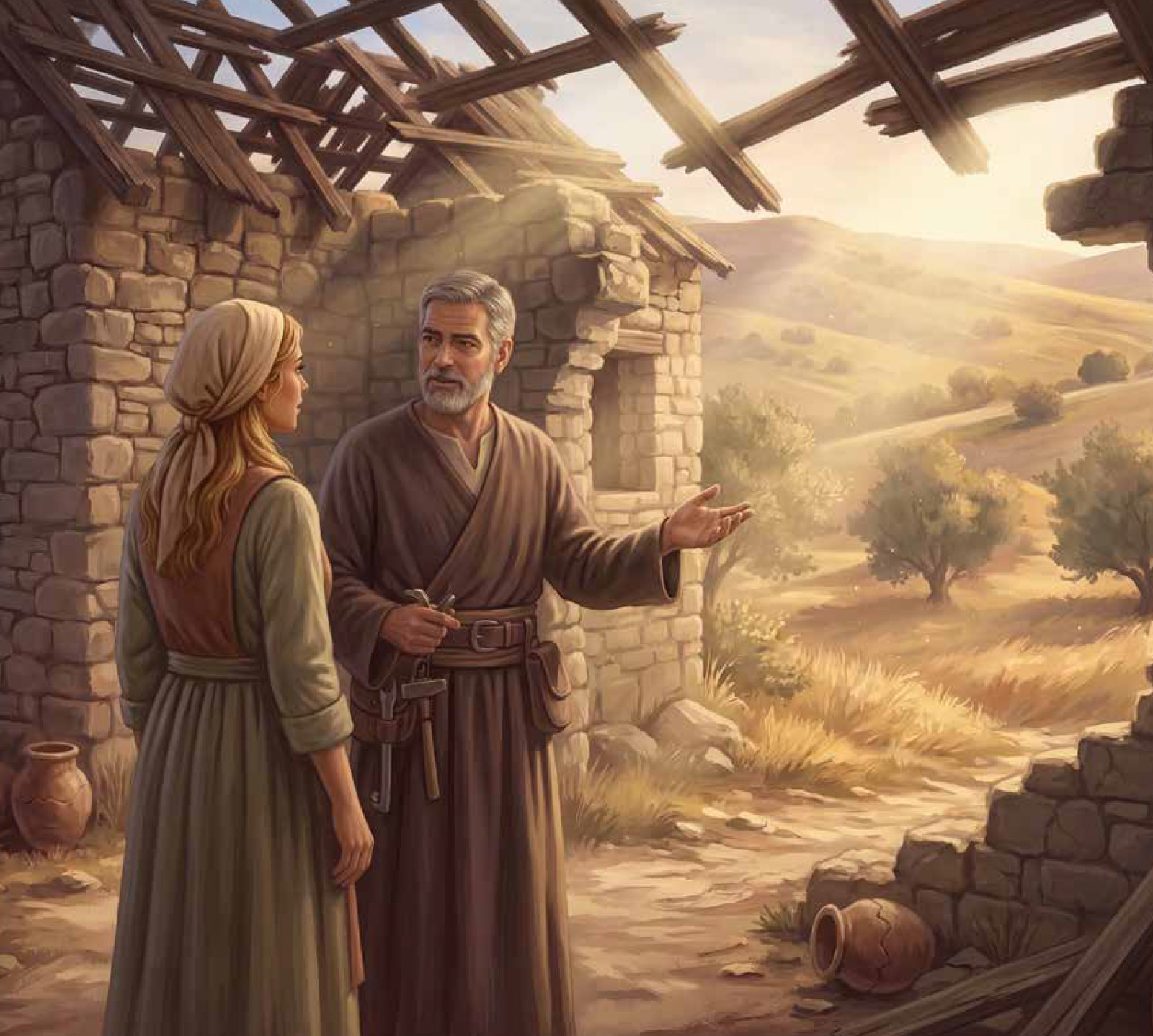 Interior illustration: a weathered house stands alone in a quiet valley, worn by time