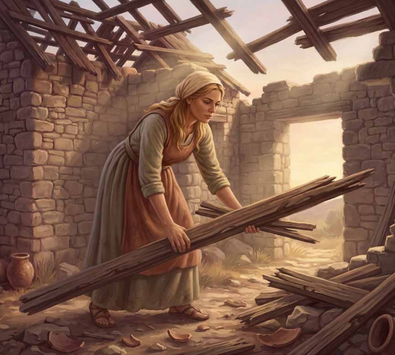 Interior illustration: hands and tools at work, restoring the house piece by piece under soft light
