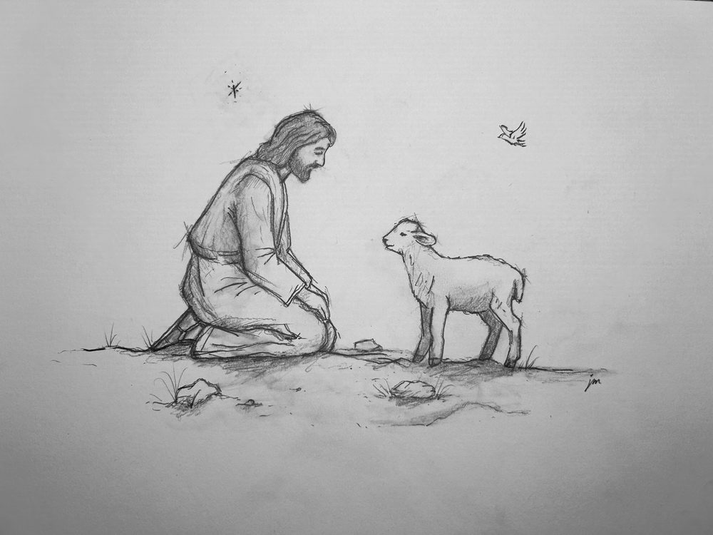 The Shepherd kneels close to a small lamb in the field