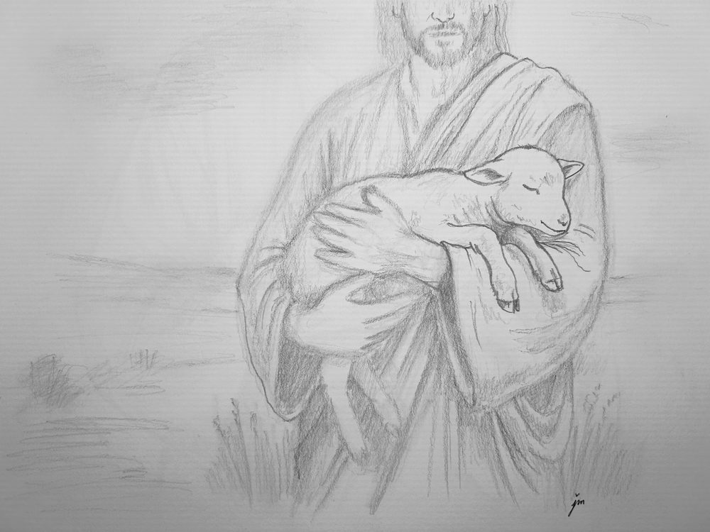 The Shepherd cradling a lamb close to his chest
