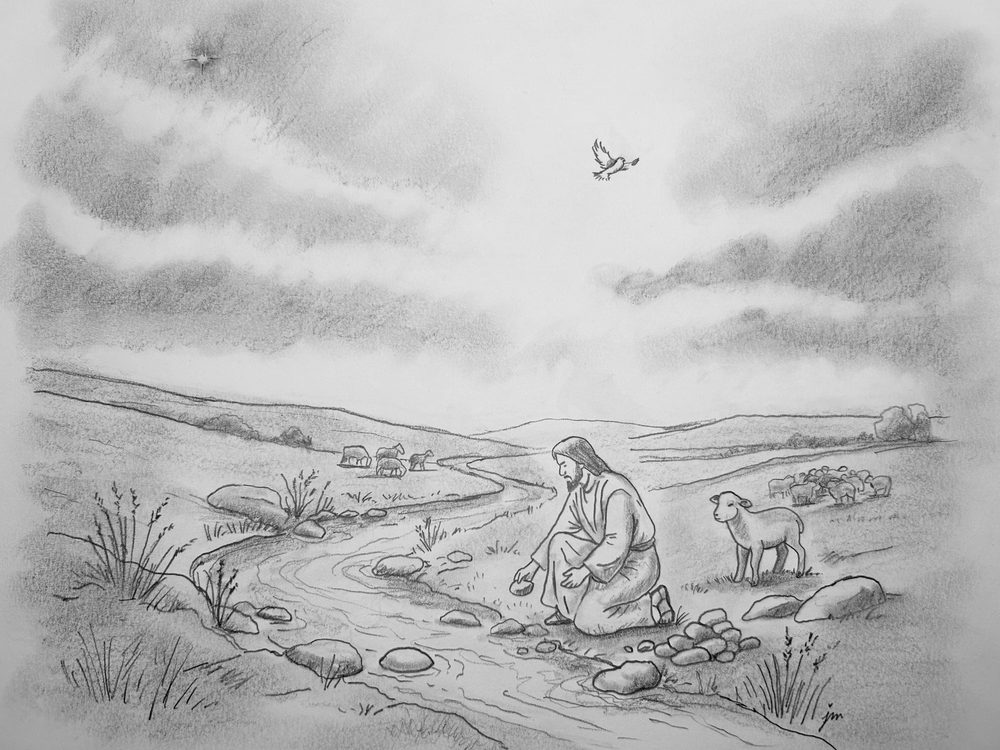 The Shepherd kneeling beside a quiet stream with stones