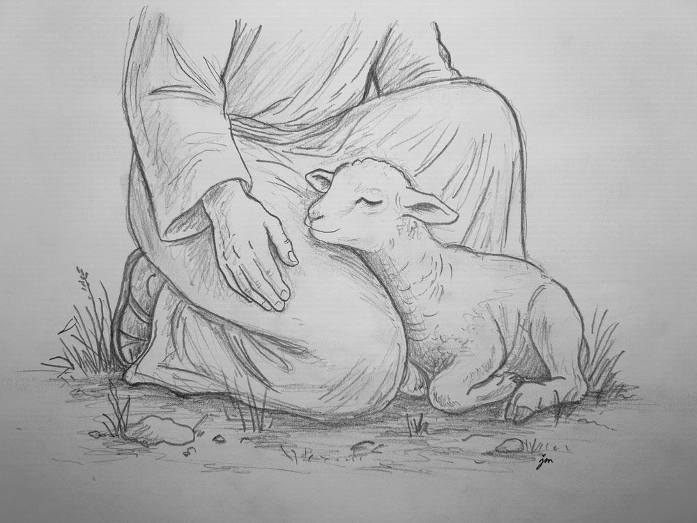 The Shepherd gently sheltering the lamb in his arms