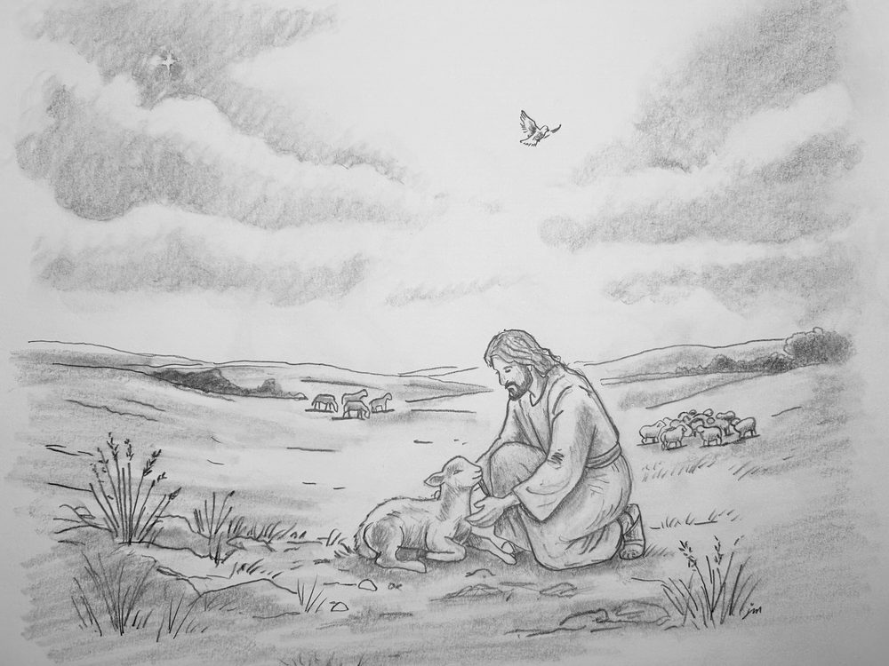 The Shepherd walking beside the lamb in soft light