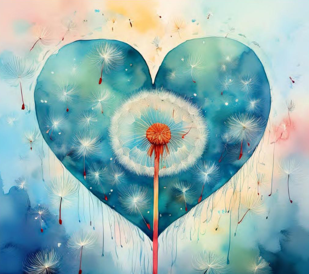 Interior illustration: a dandelion at the center of a blue heart, seeds carried on the wind