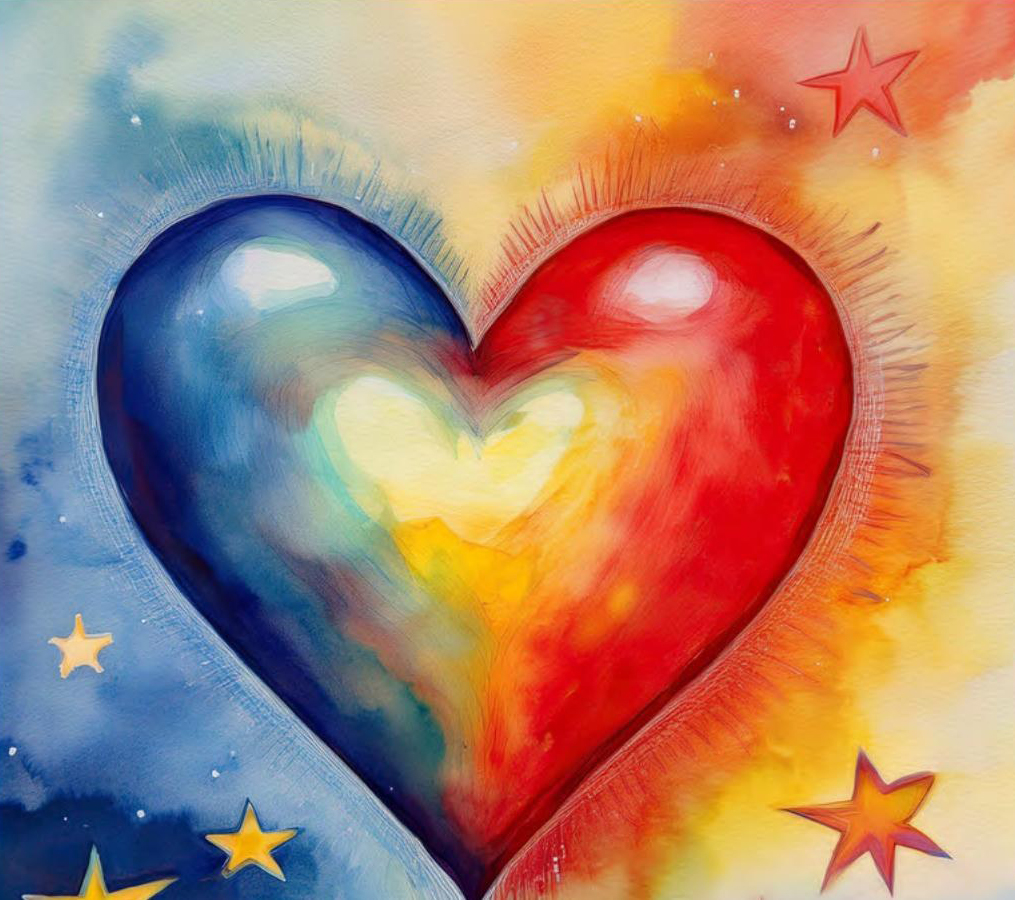 Interior illustration: a cosmic heart with two figures under a starry sky