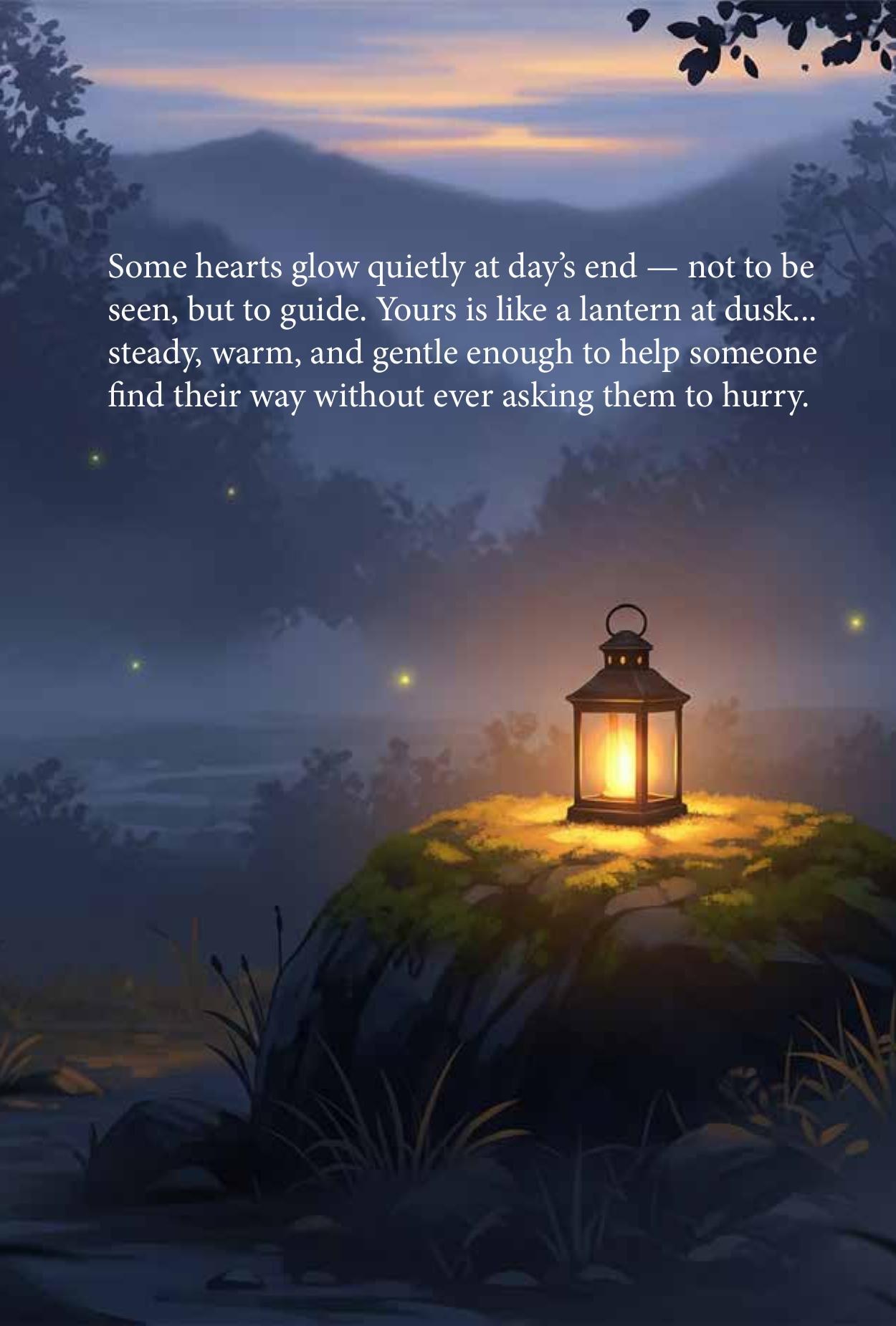 Interior illustration: a lantern glowing on a moss-covered stone at dusk