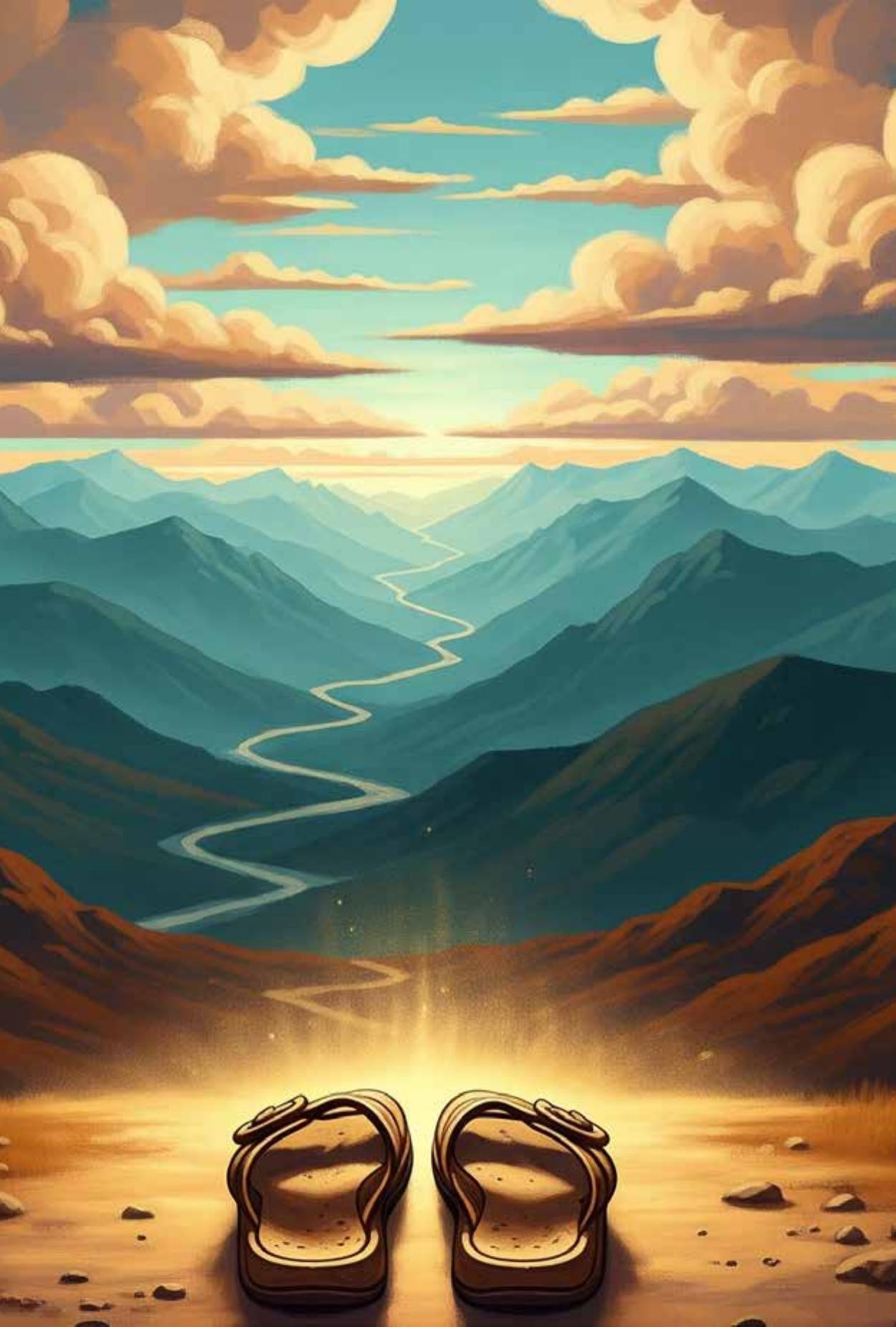 Interior illustration: sunlit steps rising into soft clouds