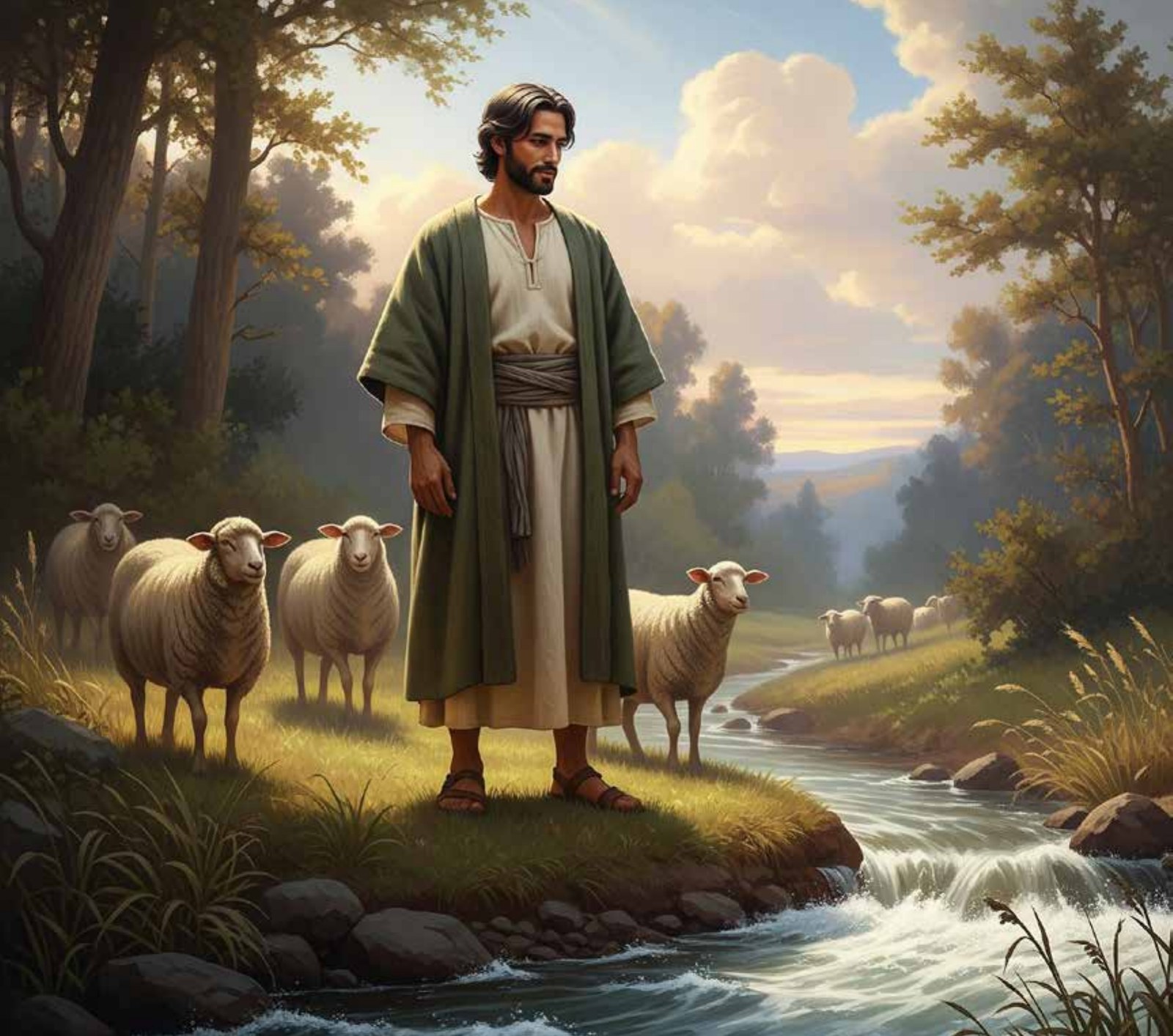 Interior illustration: the Shepherd beside a stream, placing stones to still the water