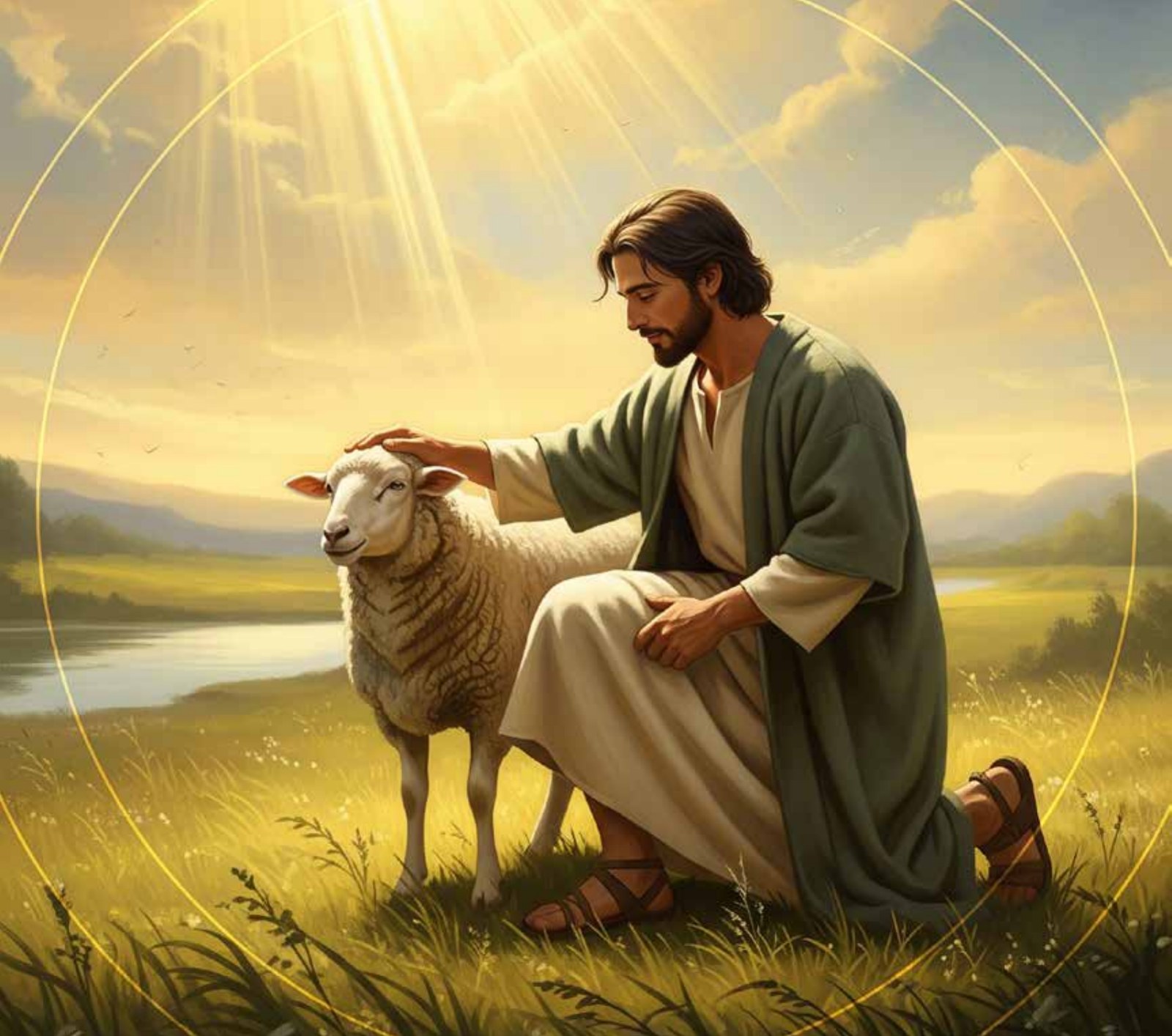 Interior illustration: the Shepherd kneels close to his sheep in the grass