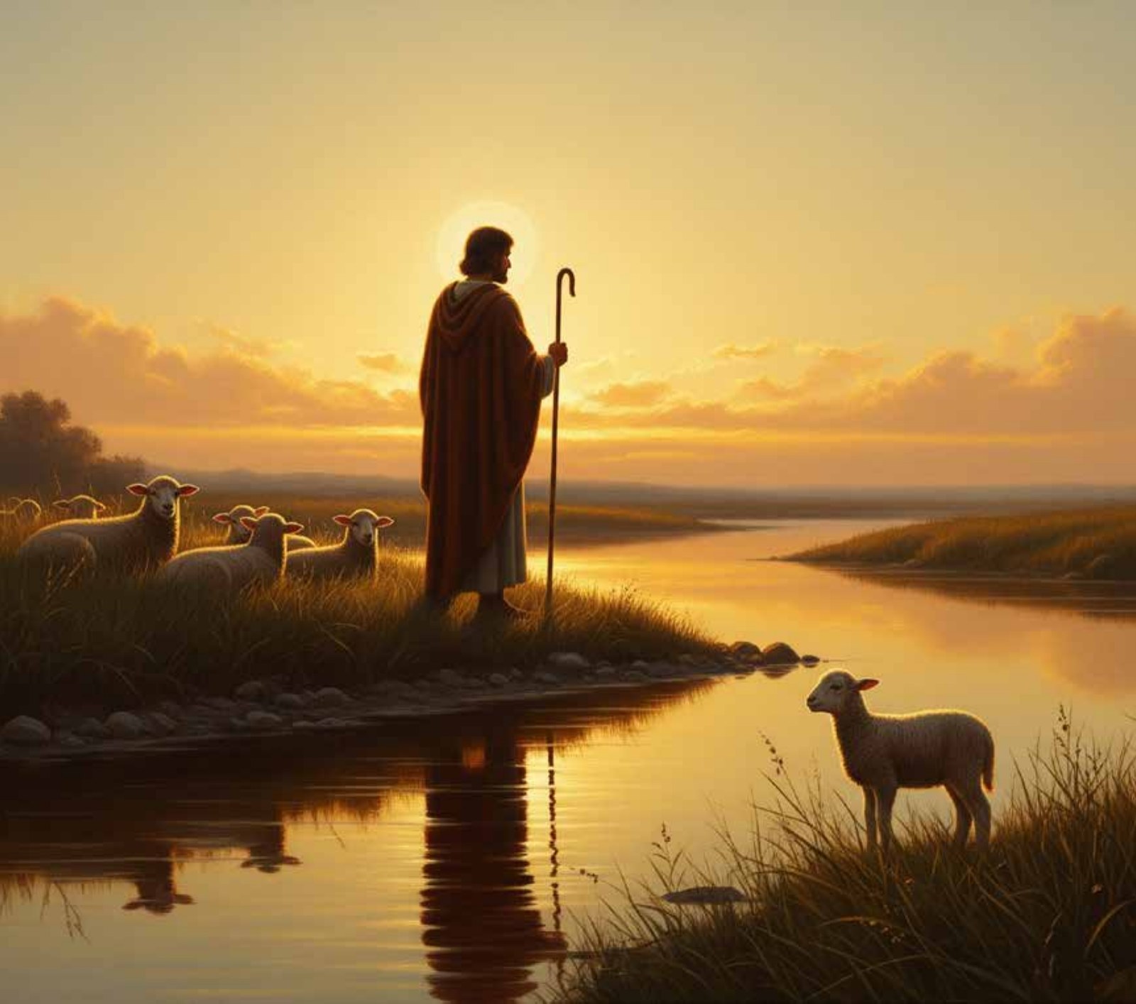 Interior illustration: the Shepherd walks home with his flock beneath a warm sunset sky