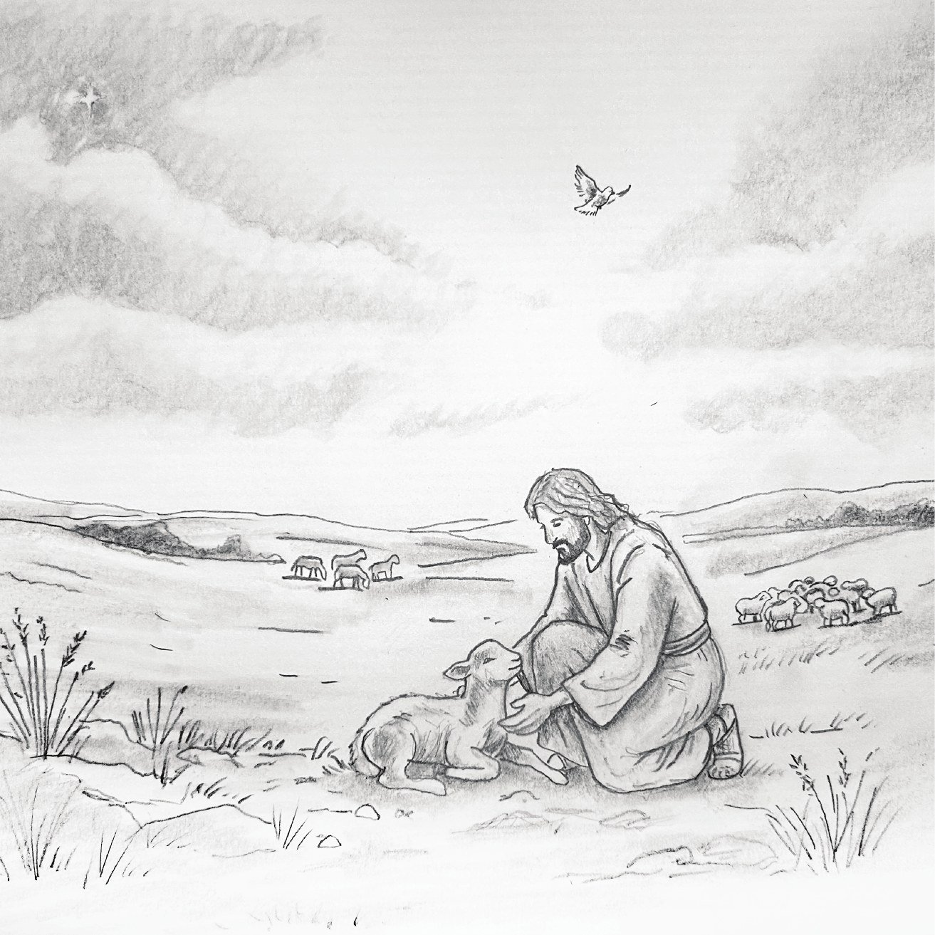 Interior illustration: the Shepherd kneels beside the lamb among the stones