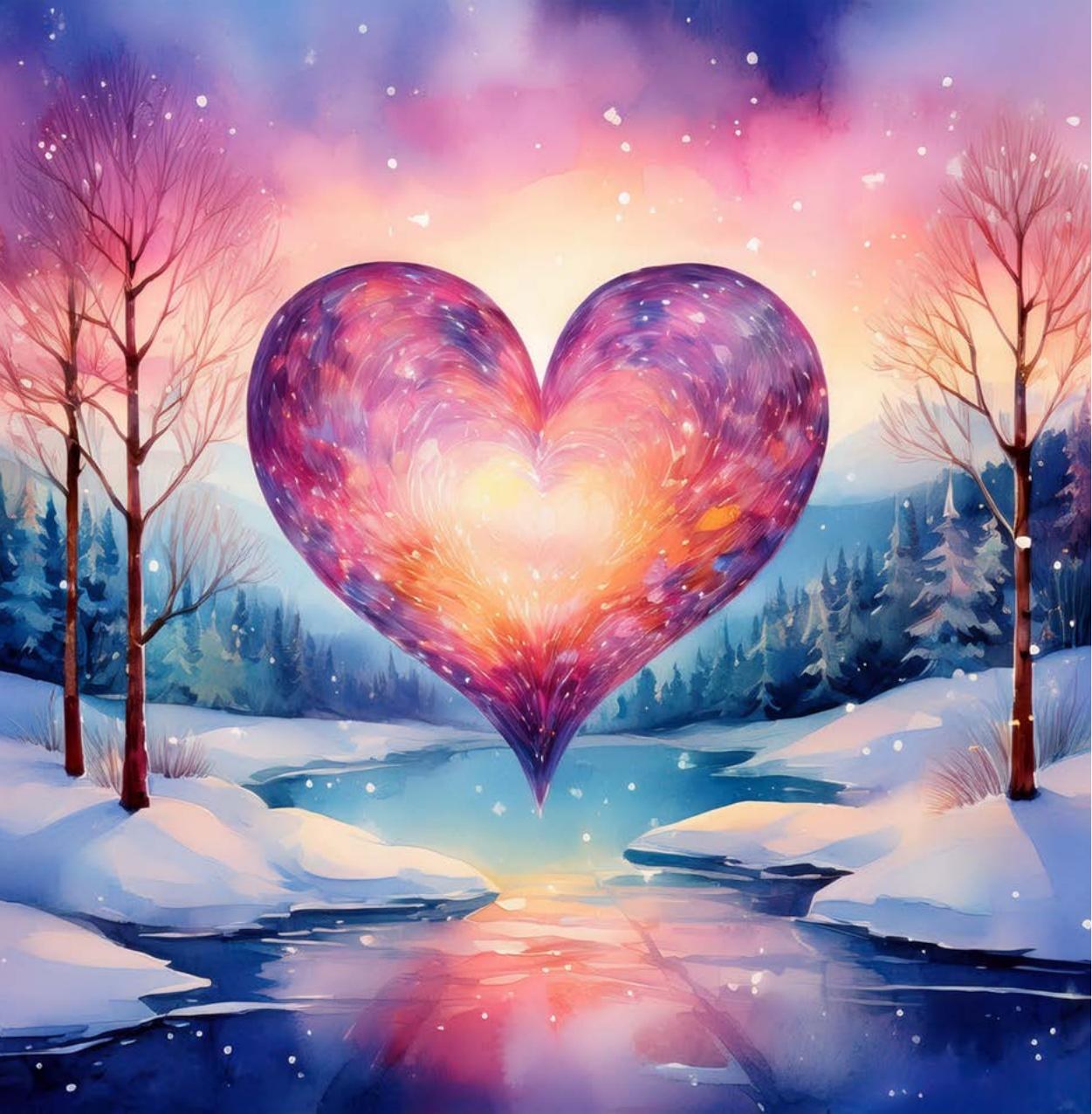 Interior illustration: a pink and lavender heart rising above a snowy forest