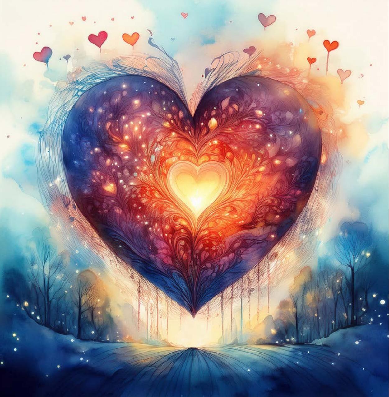 Interior illustration: a glowing heart at the center of an open book