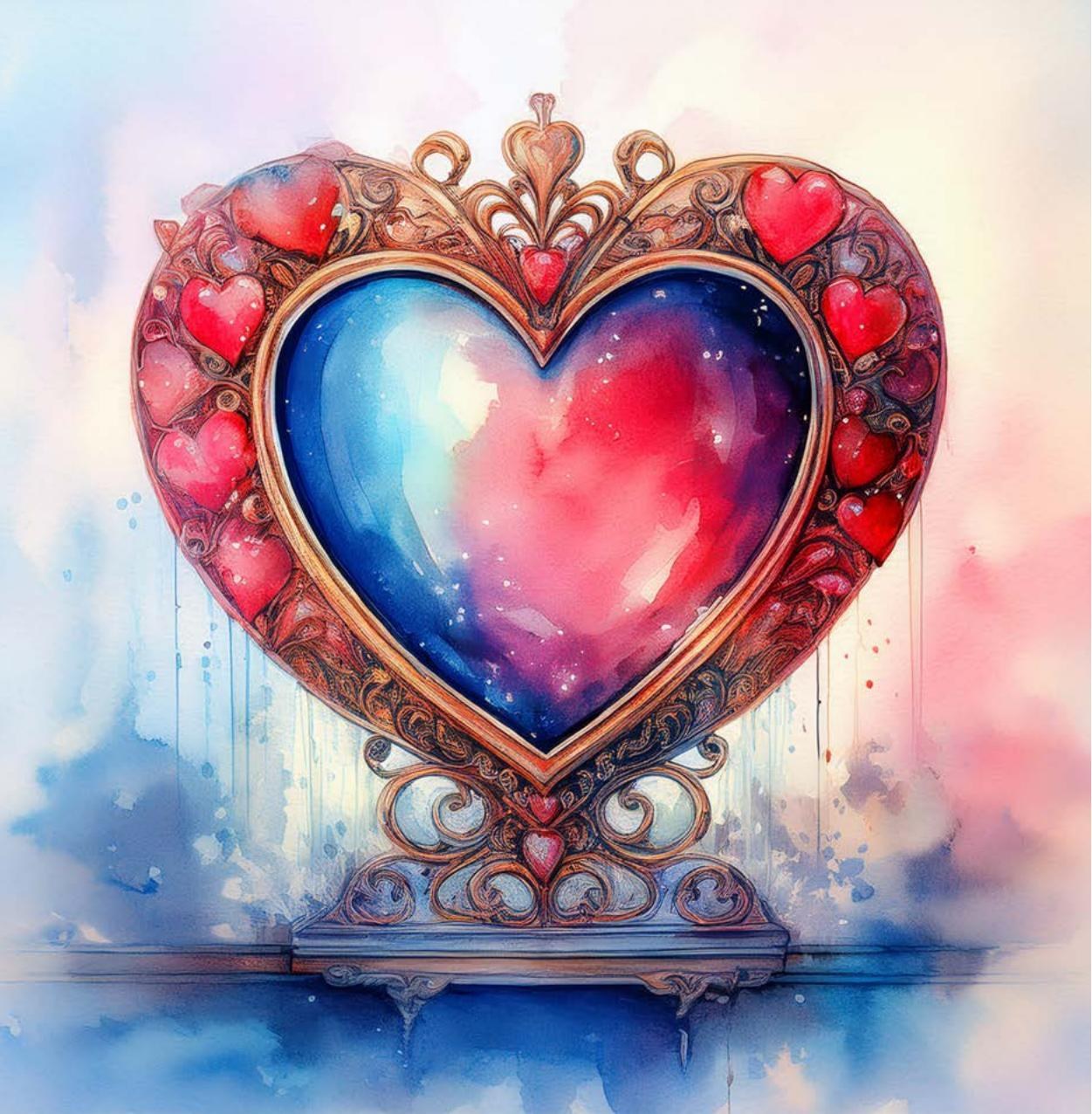 Interior illustration: a weathered treasure chest overflowing with small hearts