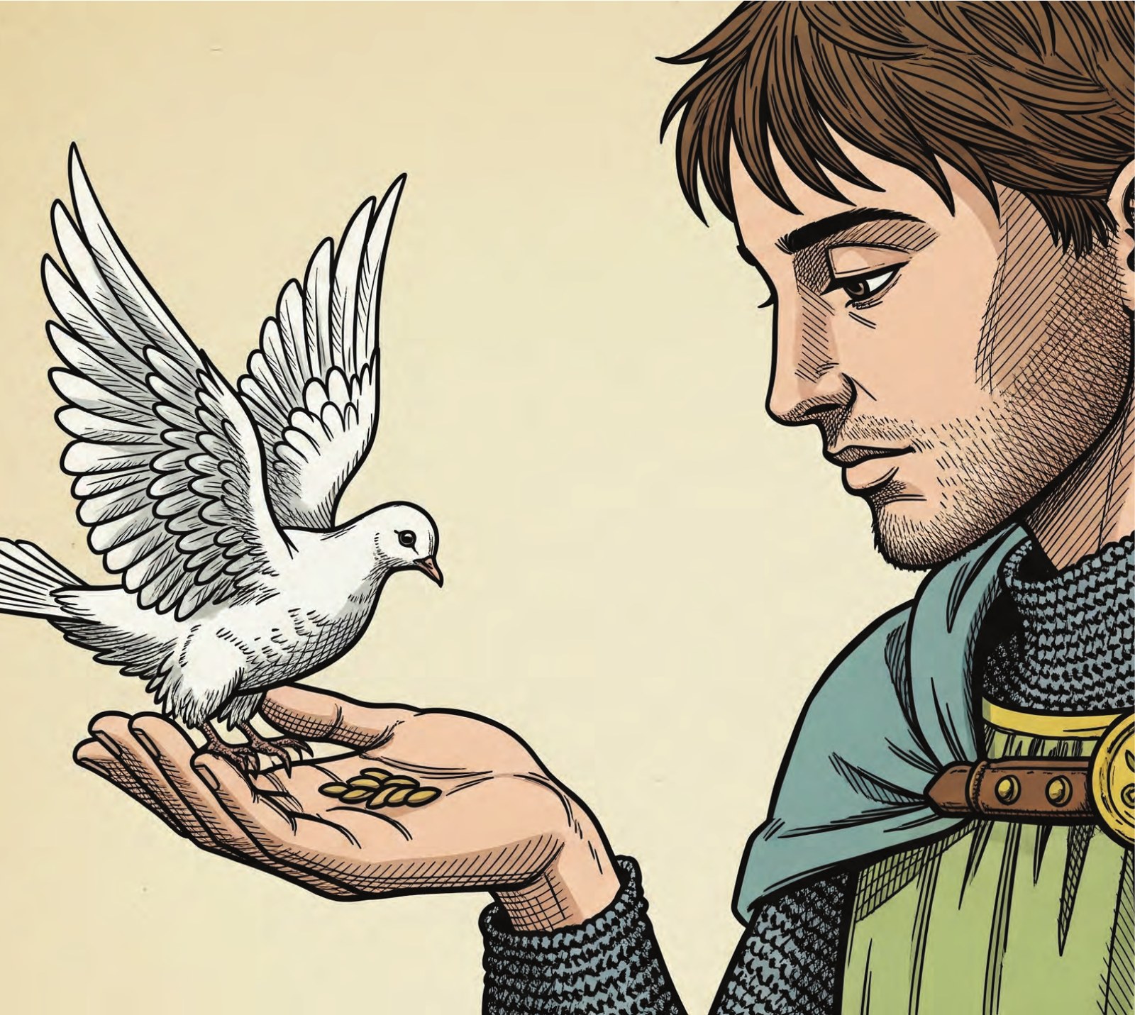Interior illustration: the warrior holds the wounded dove in his open palm
