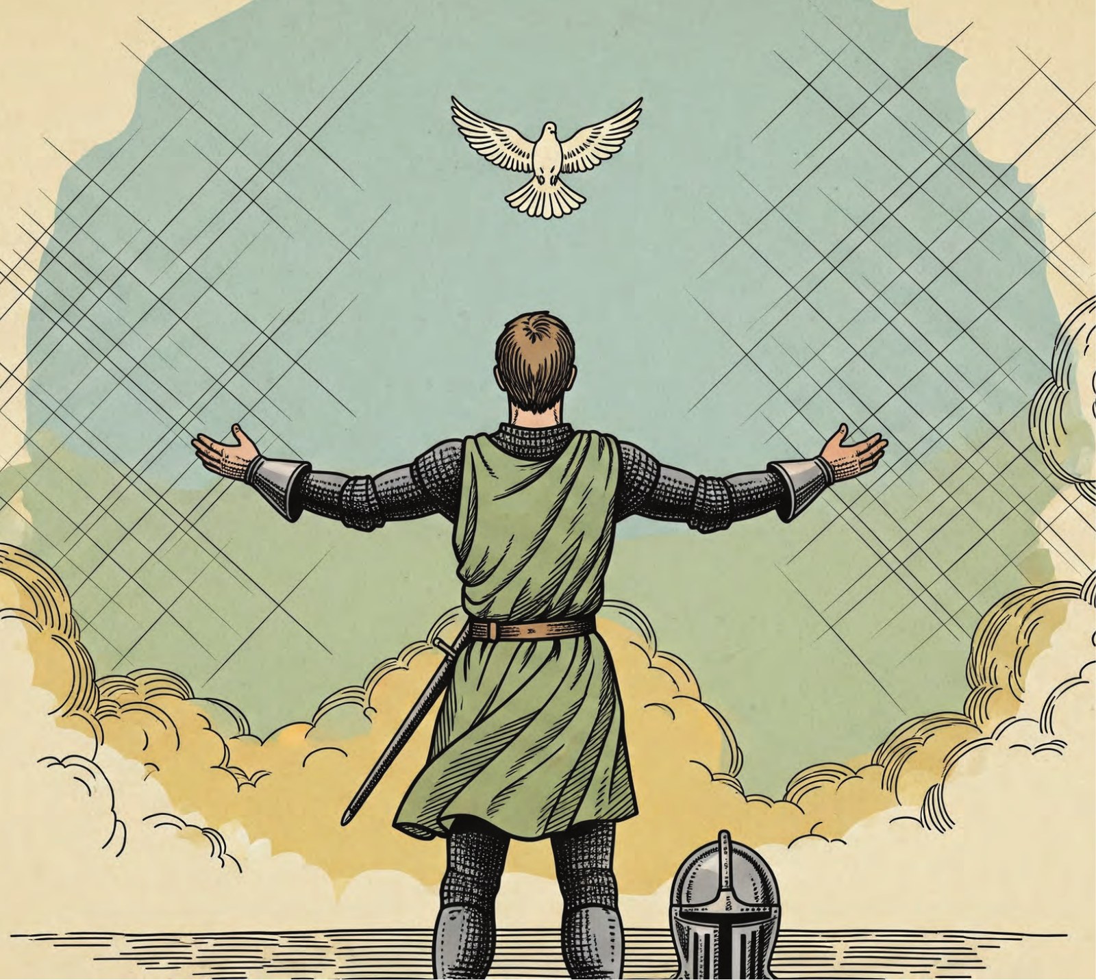 Interior illustration: the warrior stands in an open field, arms outstretched, releasing