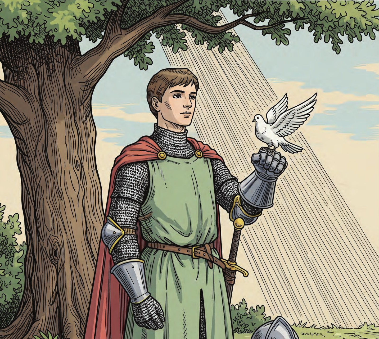 Interior illustration: the warrior and the dove together beneath a great oak