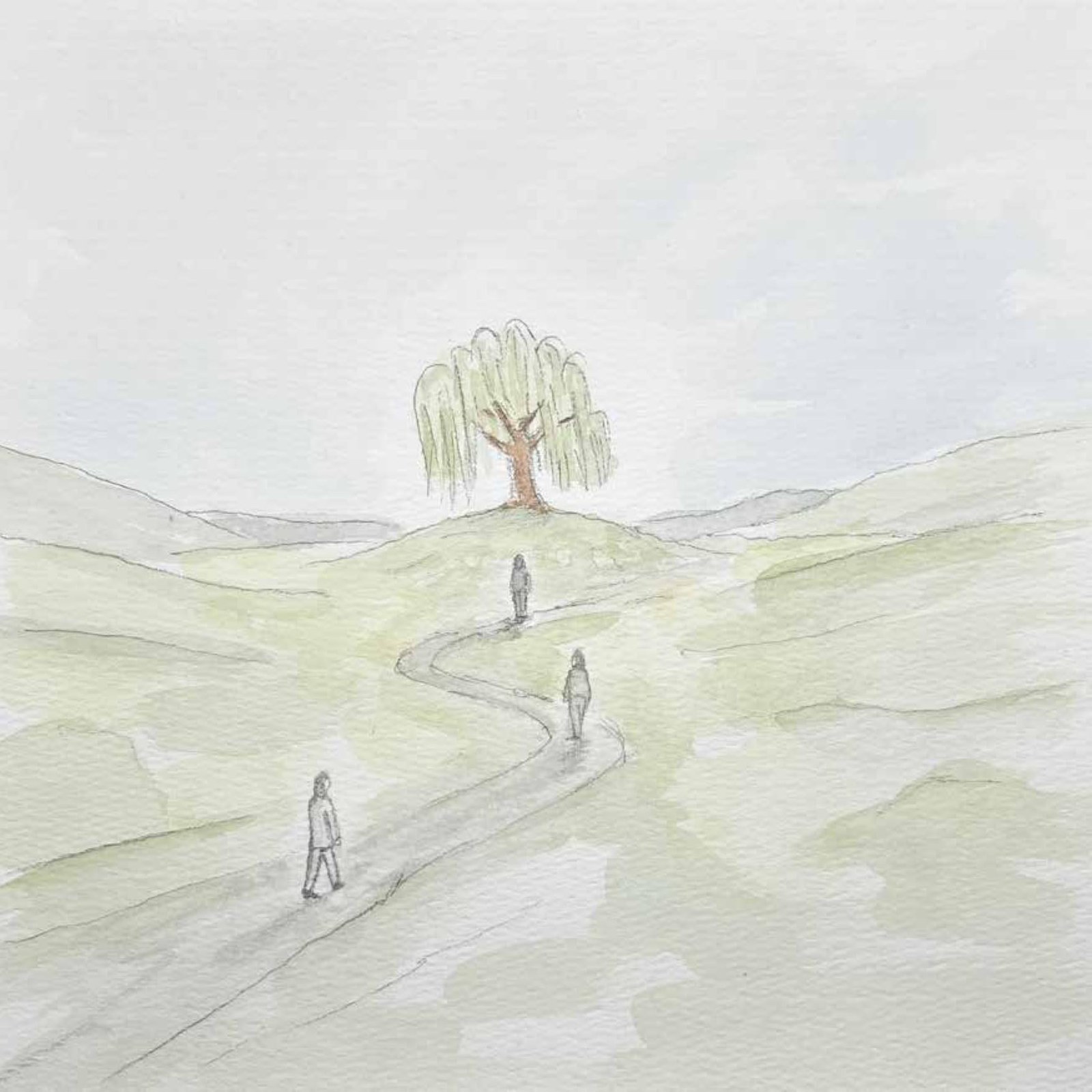 Interior illustration: a figure walking toward a willow across an open valley