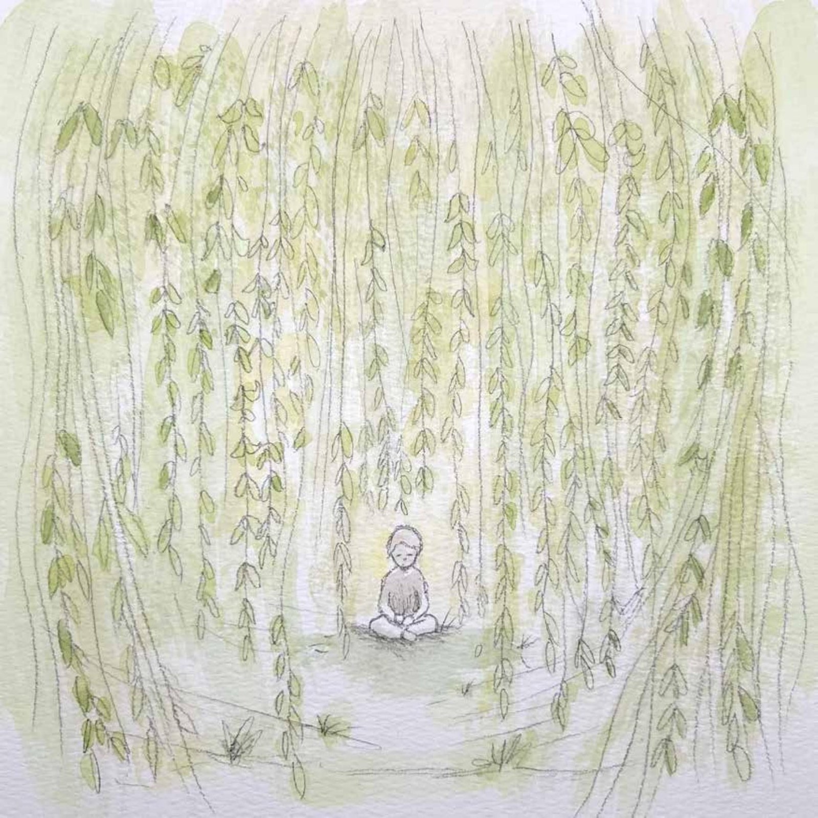 Interior illustration: a figure sitting at rest beneath the willow's canopy