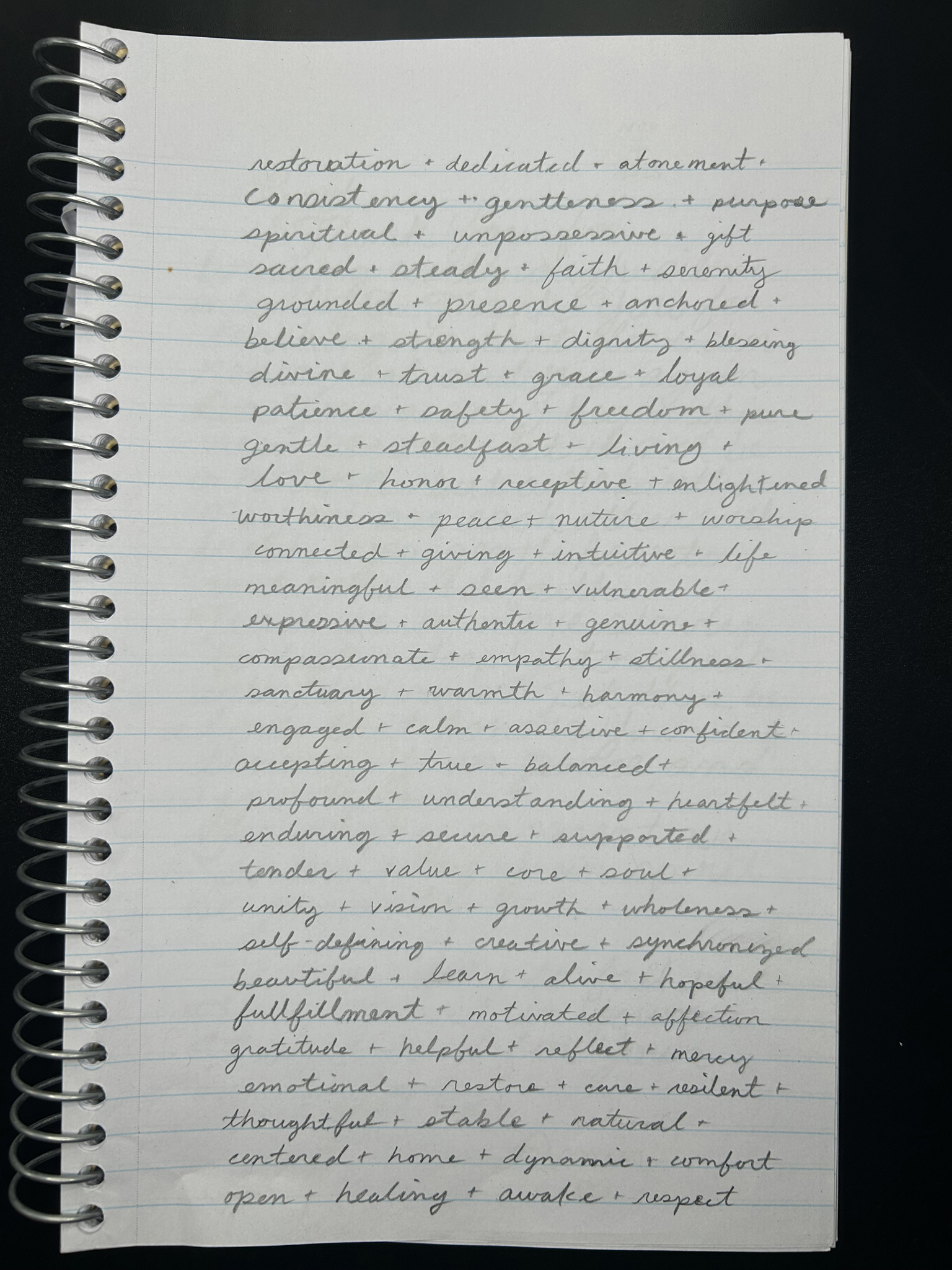 Handwritten list of words: restoration, dedicated, atonement, consistency, gentleness, purpose...