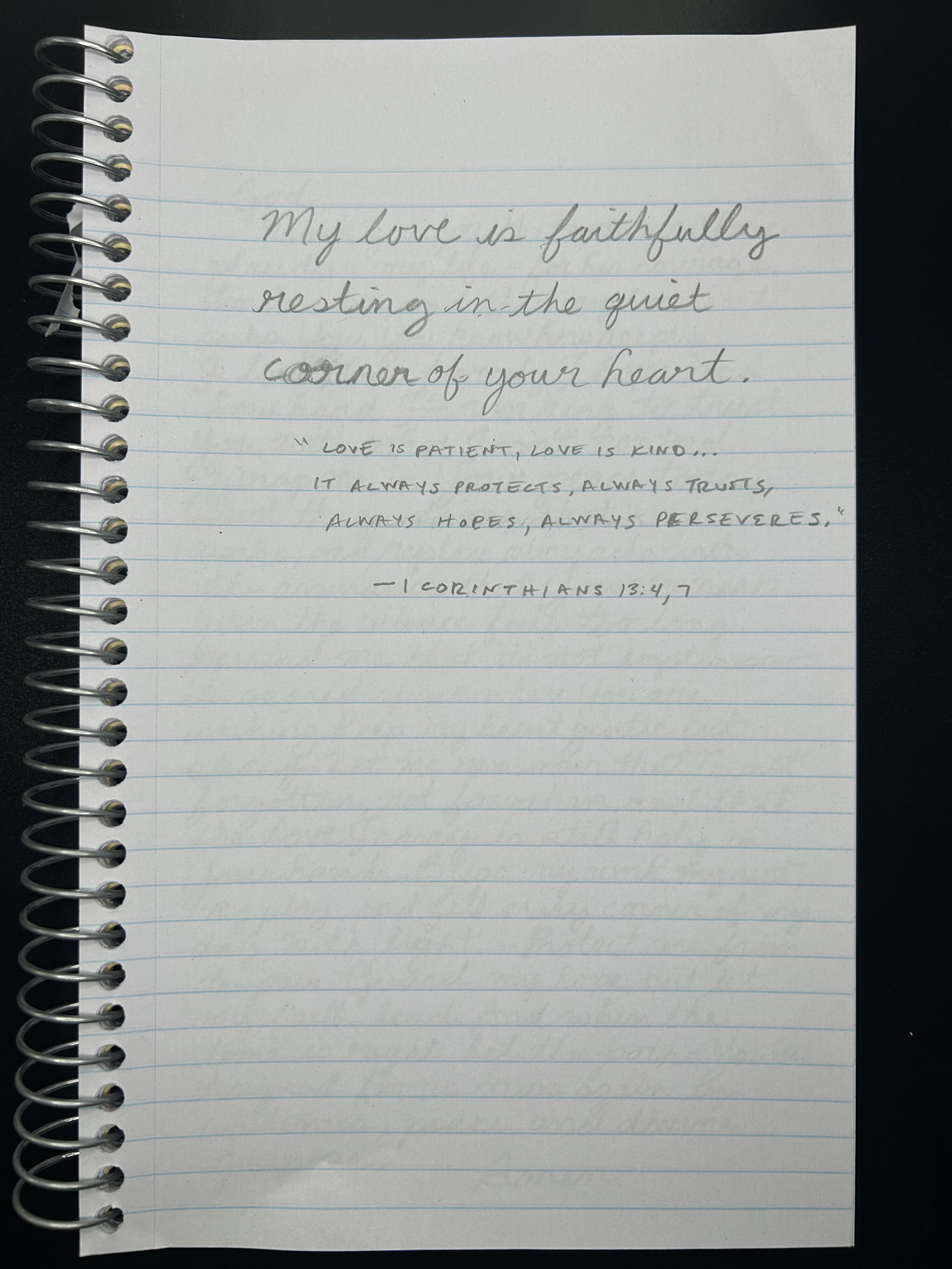 Handwritten: My love is faithfully resting in the quiet corner of your heart.