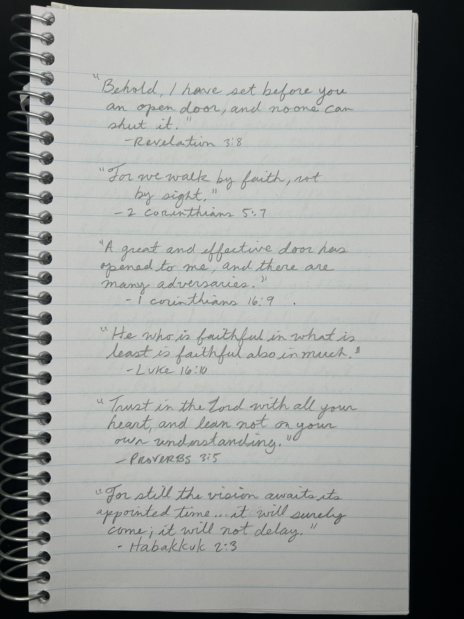 Handwritten scriptures from Revelation, 2 Corinthians, 1 Corinthians, Luke, Proverbs, Habakkuk
