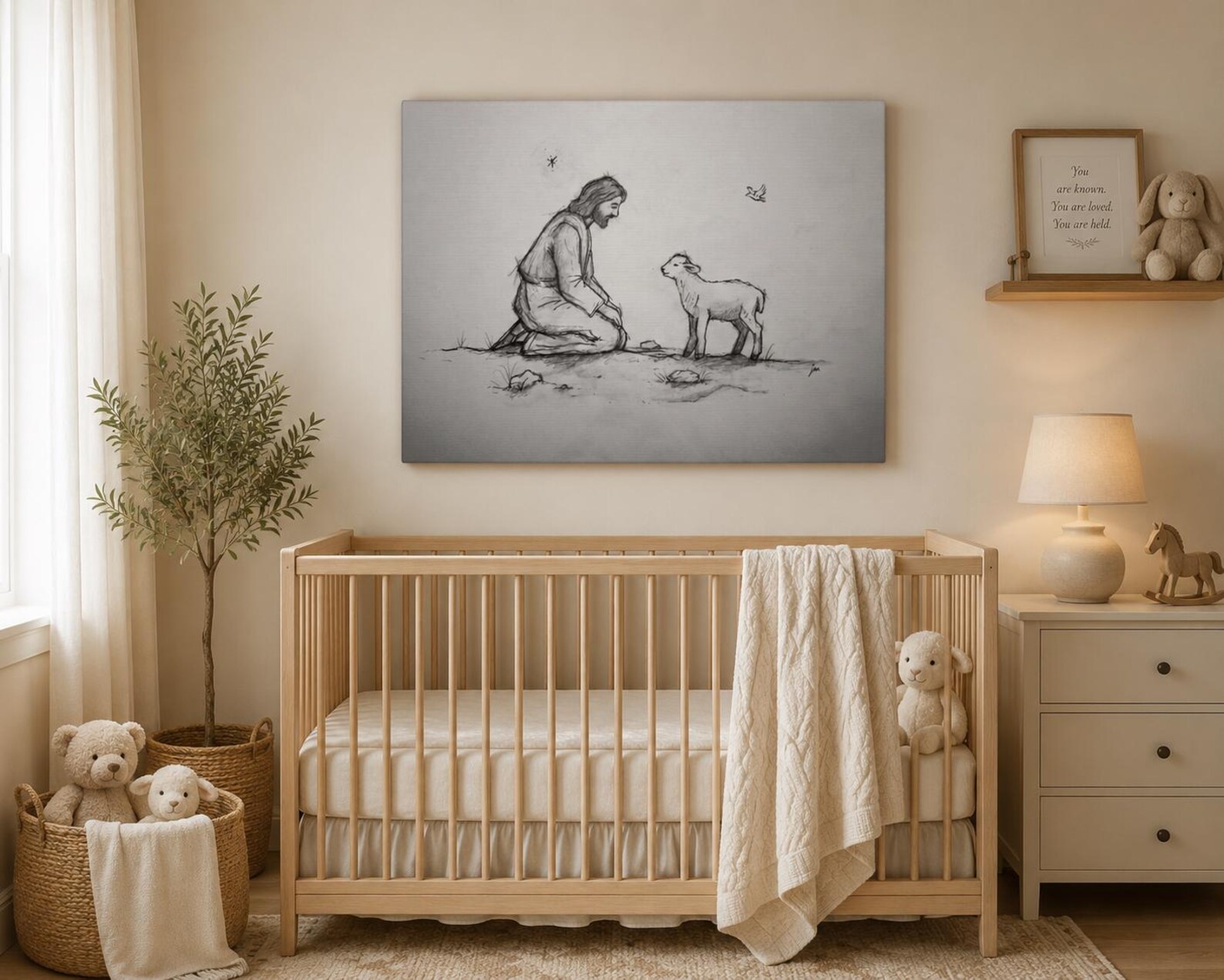 The Shepherd Who Calls You by Name canvas print hanging above a nursery crib