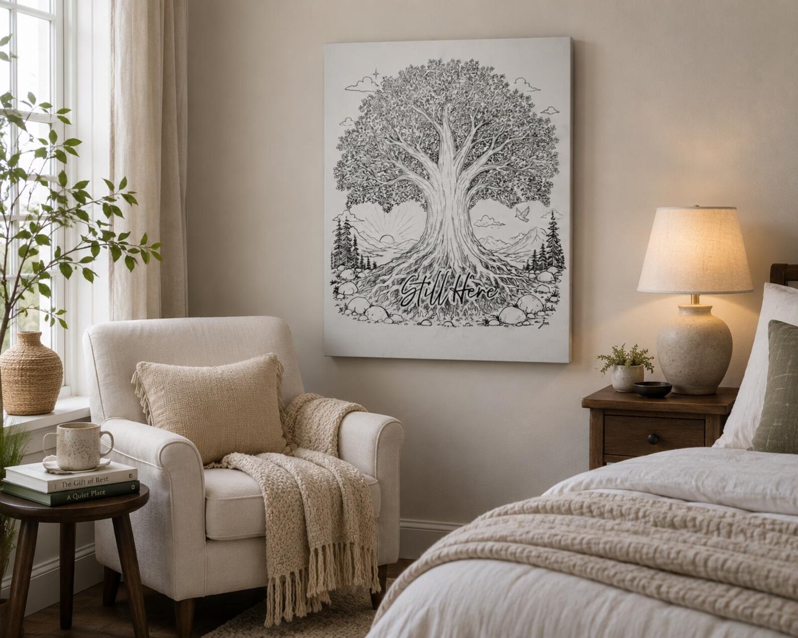 Still Here canvas print hanging above a cream armchair in a softly lit bedroom