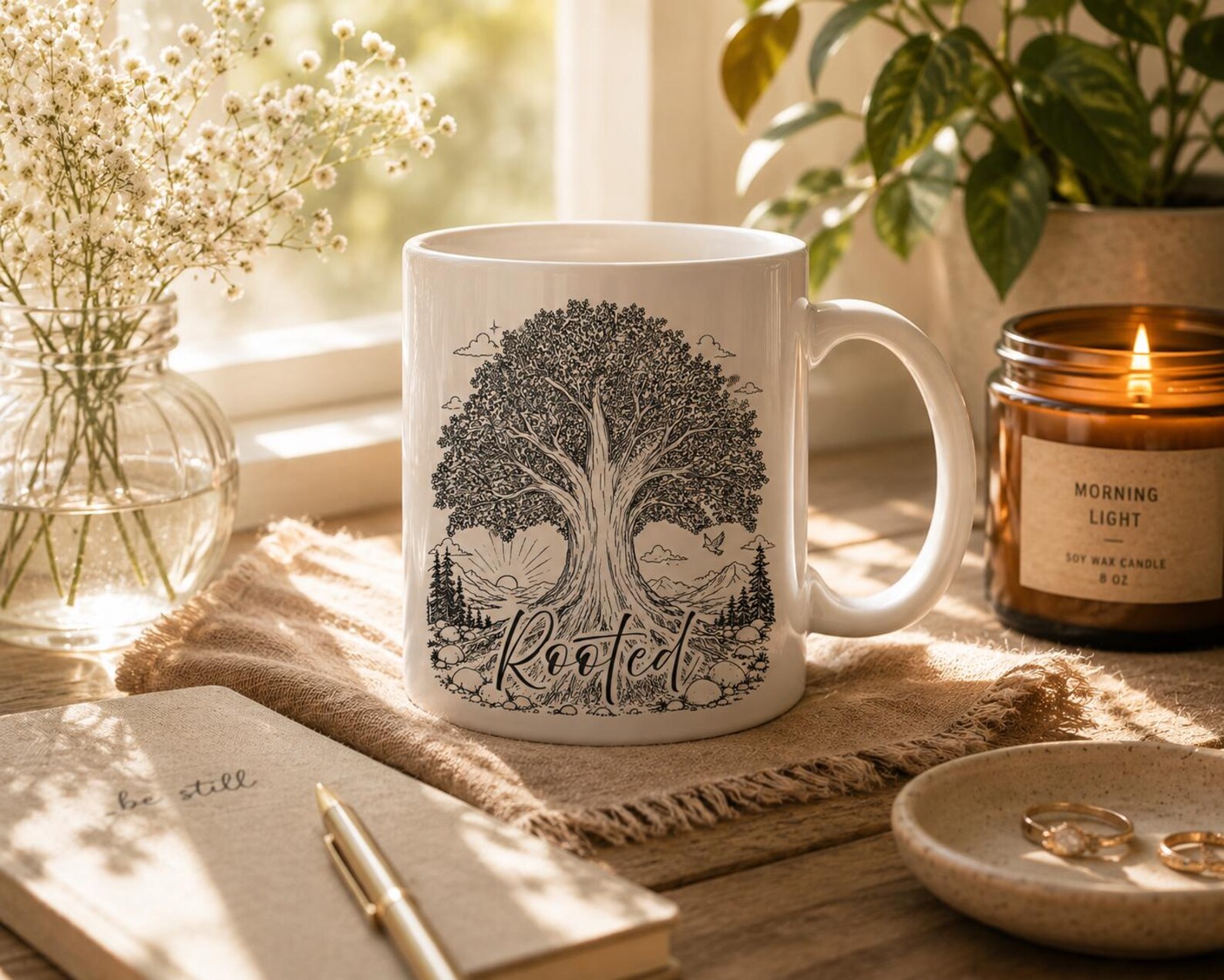 Rooted Tree ceramic mug featuring a hand-drawn tree of life, styled with dried flowers and a candle