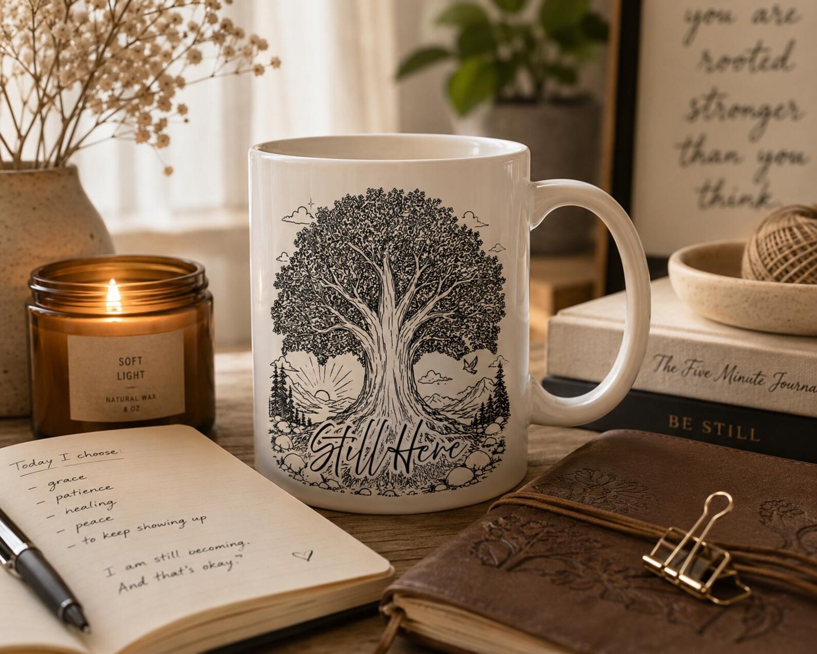 Still Here ceramic mug featuring a tree-of-life illustration